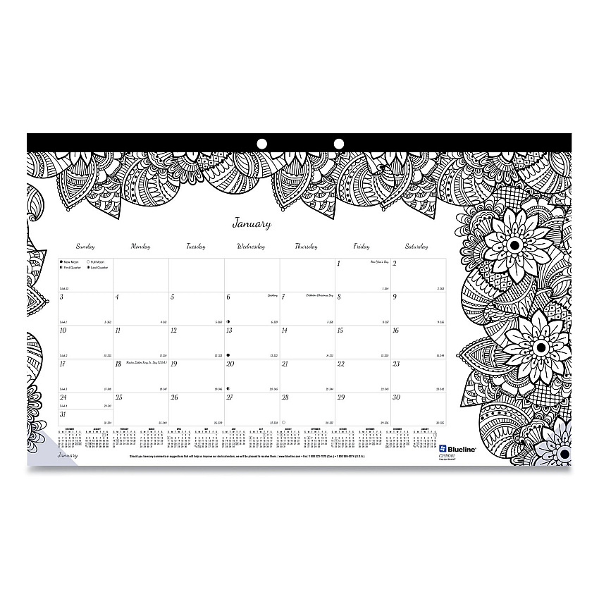 Blueline Monthly Desk Pad Calendar, DoodlePlan Coloring Pages, 17.75 x 10.88, Black Binding, Clear Corners, 12-Month (Jan-Dec): 2023 (C2917001)