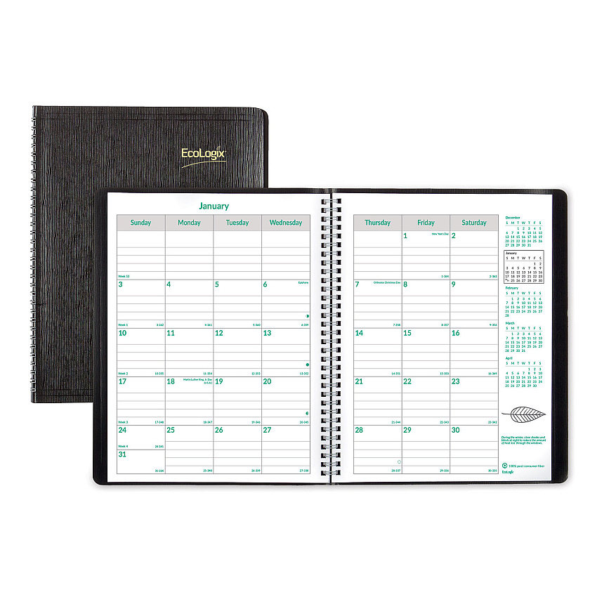 Brownline EcoLogix Recycled Monthly Planner, EcoLogix Artwork, 11 x 8.5, Black Cover, 14-Month (Dec to Jan): 2022 to 2024 (CB435WBLK)