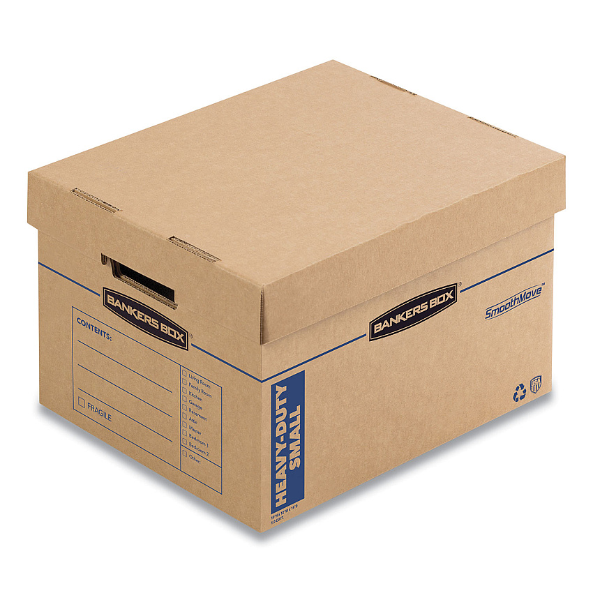 Bankers Box SmoothMove Maximum Strength Moving Boxes, Small, Half Slotted Container (HSC), 15" x 15" x 12", Brown Kraft/Blue, 8/Pack (7710201)