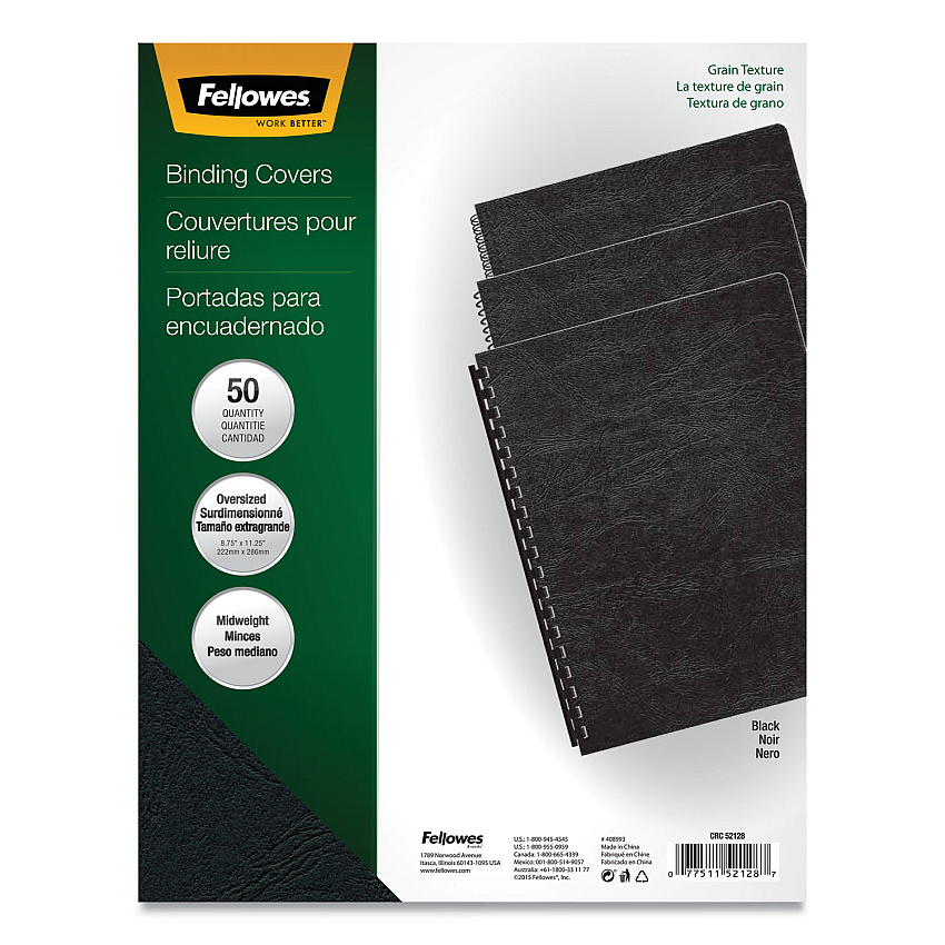 Fellowes Expressions Classic Grain Texture Presentation Covers for Binding Systems, Black, 11.25 x 8.75, Unpunched, 200/Pack (52138)