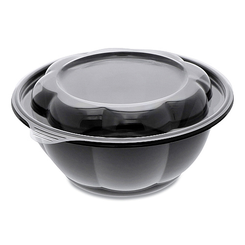 Pactiv Evergreen Roseware Bowl, 80 oz, 9.75" Diameter x 9h", Black Base/Clear Lid, 252/Carton (LRW80B120)