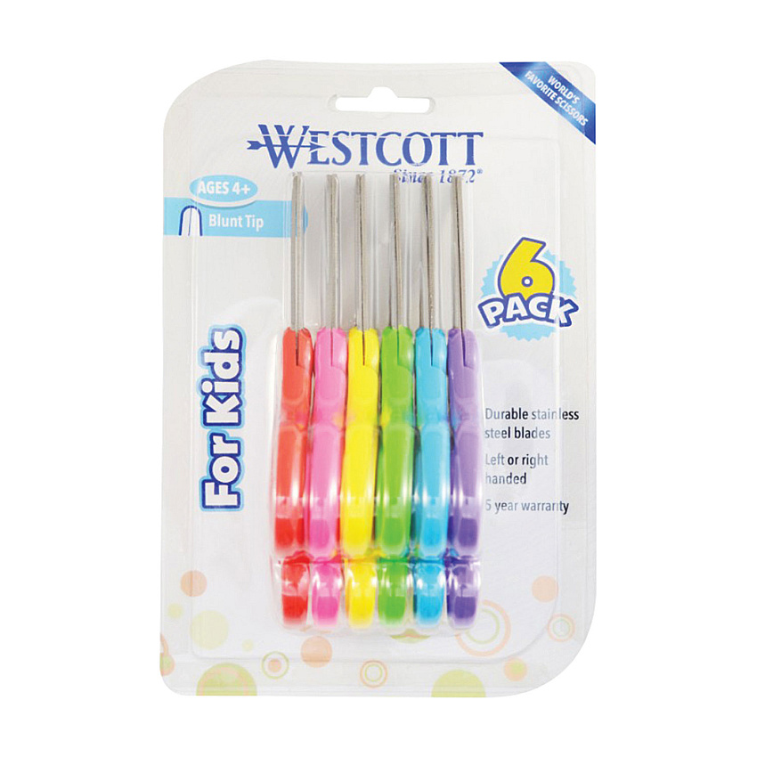 Westcott For Kids Scissors, Blunt Tip, 5" Long, 1.75" Cut Length, Assorted Bent Handles, 6/Pack (16454)