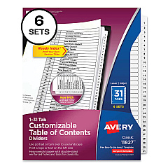 Avery Customizable Table of Contents Ready Index Black and White Dividers, 31-Tab, 1 to 31, 11 x 8.5, 6 Sets (11827)
