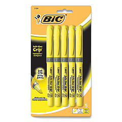 BIC Brite Liner Grip Pocket Highlighter, Fluorescent Yellow Ink, Chisel Tip, Yellow/Black/Silver Barrel, 5/Pack (31289)