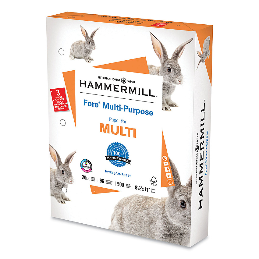 Hammermill Fore Multipurpose Print Paper, 96 Bright, 3-Hole, 20 lb Bond Weight, 8.5 x 11, White, 500 Sheets/Ream (103275)