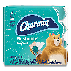 Charmin Flushable Wipes, 5 x 7.2, Unscented, 40 Wipes/Tub, 4 Tubs/Pack (79619)