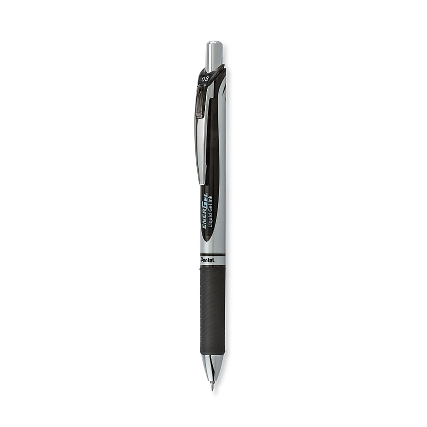 Pentel EnerGel RTX Gel Pen, Retractable, Extra-Fine 0.3 mm, Black Ink, Black/Silver Barrel, Dozen (BLN73A)