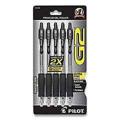 Pilot G2 Premium Gel Pen, Retractable, Extra-Fine 0.38 mm, Black Ink, Clear/Black Barrel, 5/Pack (G23C5BLK)