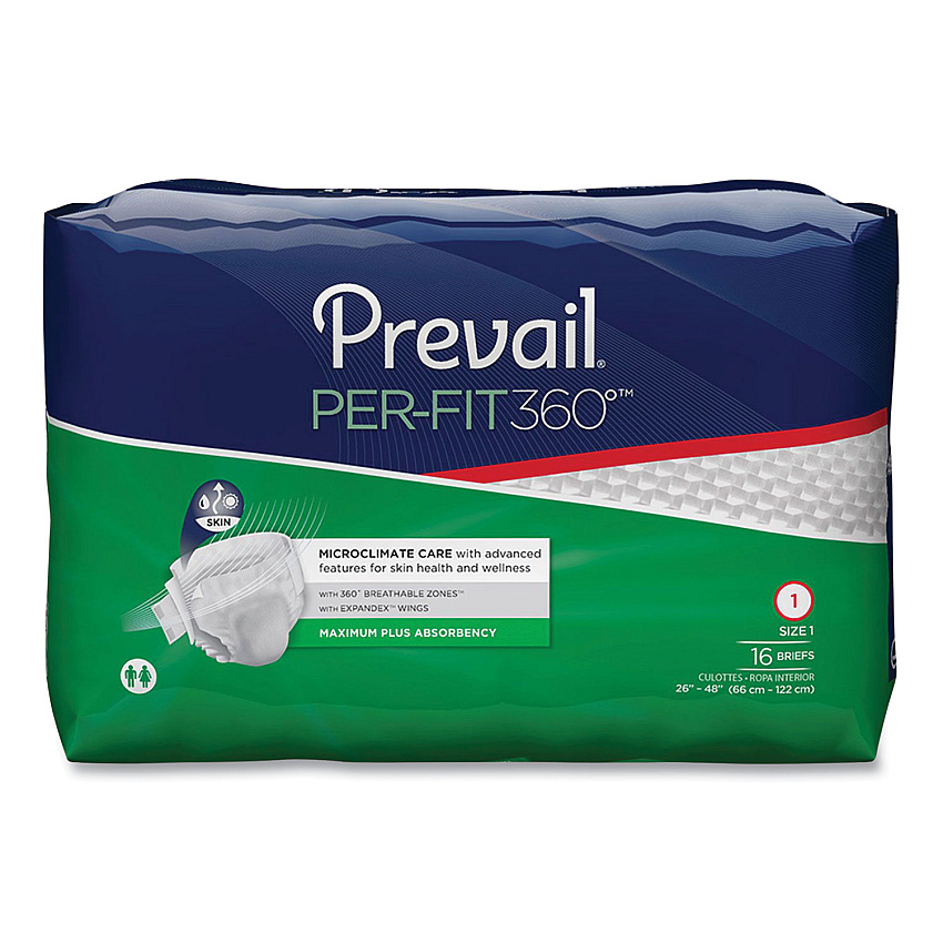 Prevail Per-Fit360 Degree Briefs, Maximum Plus Absorbency, Size 1, 26" to 48" Waist, 96/Carton (PFNG012)