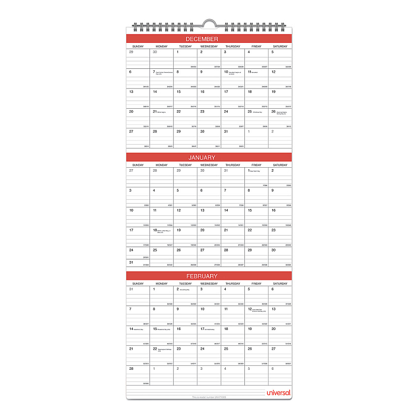 Universal 3-Month Wall Calendar, 12 x 27, White/Black/Red Sheets, 14-Month (Dec to Jan): 2022 to 2024 (UNV71003)