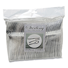 Tablemate Sterling Heavy-Duty Plastic Cutlery, Forks, Silver, 50/Pack (8305FSV)
