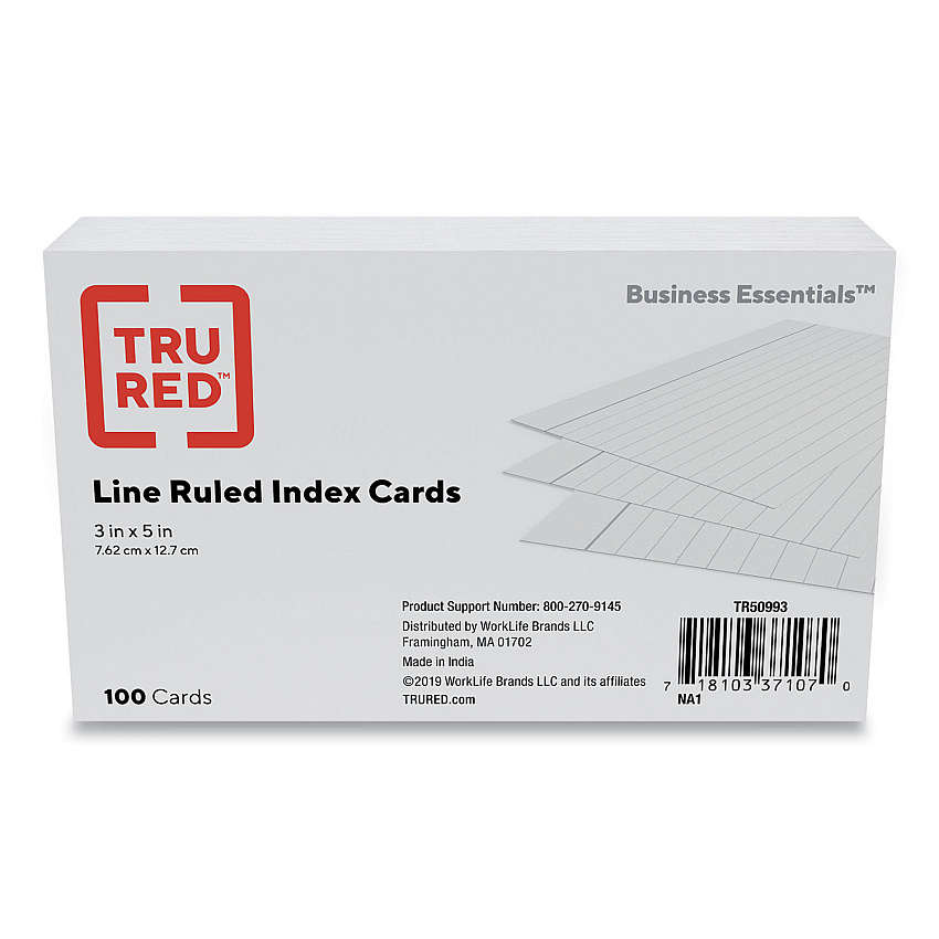 TRU RED Index Cards, Ruled, 3 x 5, White, 100/Pack (296608)