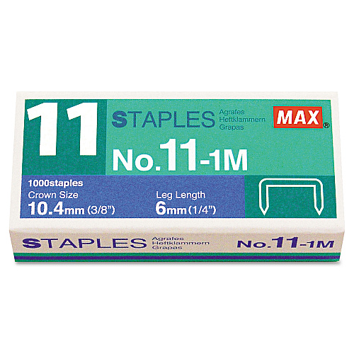 MAX No. 11 Mini Staples, 0.25" Leg, 0.38" Crown, Steel, 1,000/Box (NO111M)