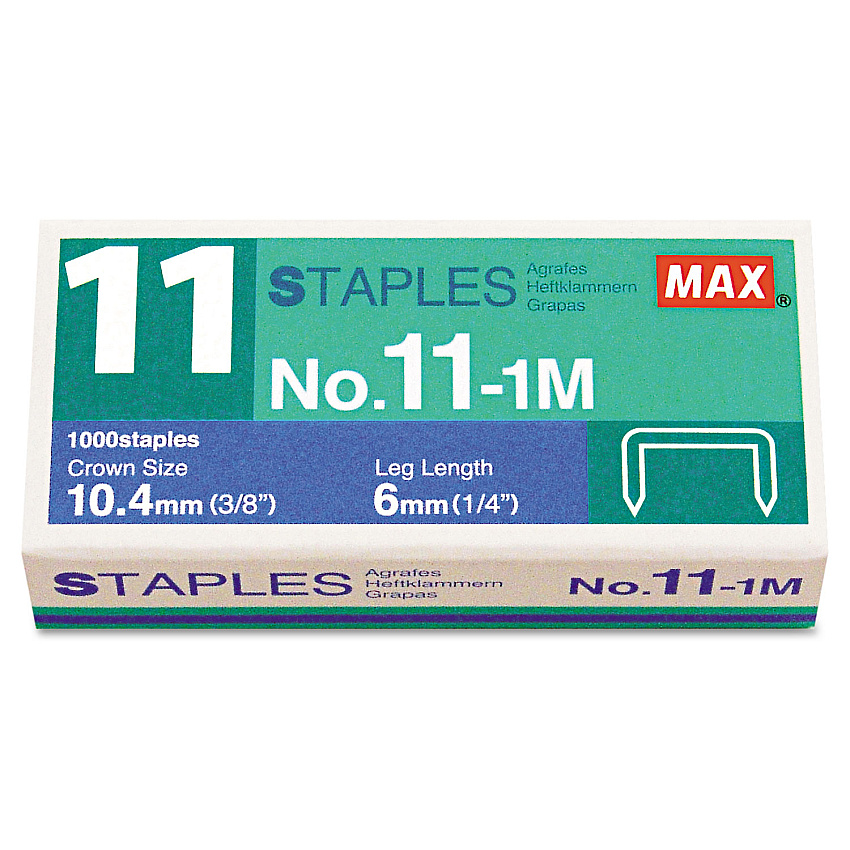 MAX No. 11 Mini Staples, 0.25" Leg, 0.38" Crown, Steel, 1,000/Box (NO111M)