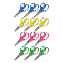 TRU RED Kids' Pointed Tip Stainless Steel Scissors, 5" Long, 2.05" Cut Length, Straight Assorted Color Handles, 12/Pack (24380506)