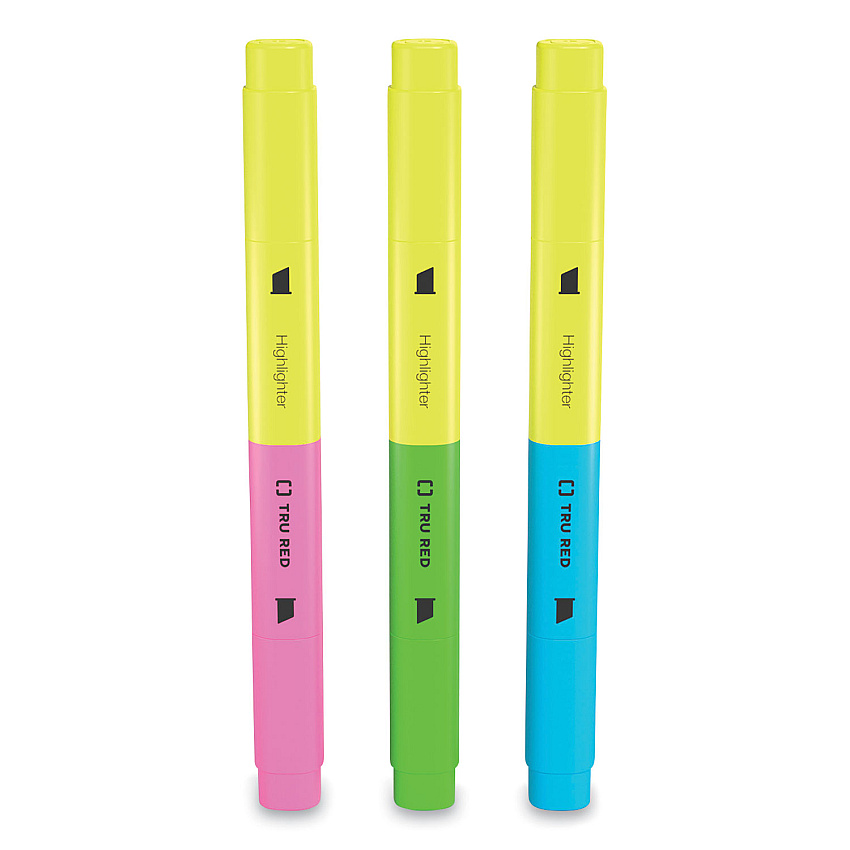TRU RED Tank Style Twin Tip Highlighters, Assorted Ink Colors, Chisel Tip, Assorted Barrel Colors, 3/Pack (24417737)