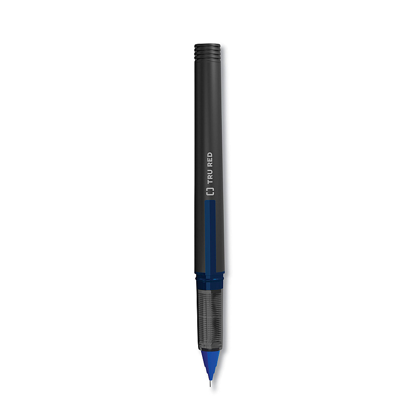 TRU RED Roller Ball Pen, Stick, Fine 0.5 mm Needle Tip, Blue Ink, Black Barrel, Dozen (24419530)