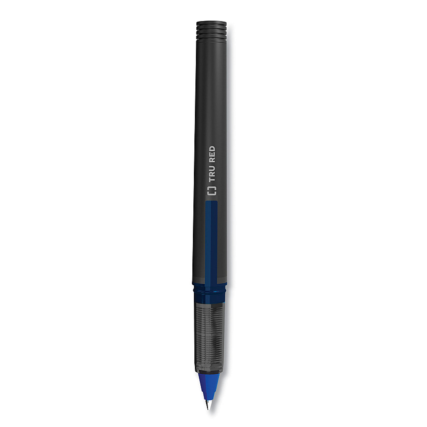 TRU RED Roller Ball Pen, Stick, Fine 0.5 mm, Blue Ink, Black Barrel, Dozen (24419531)