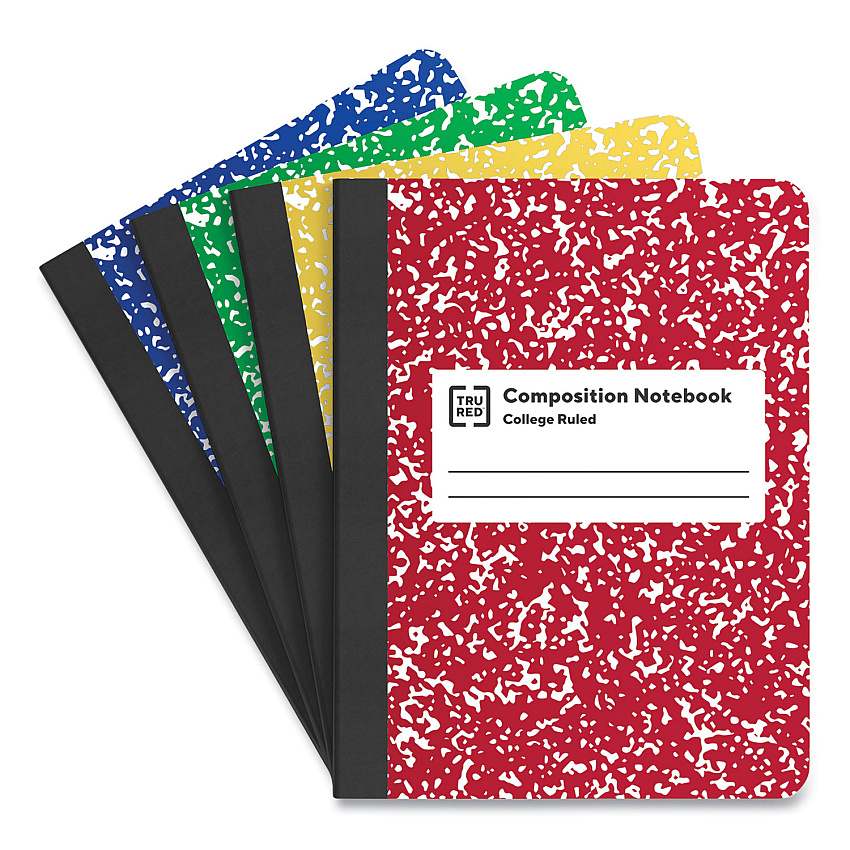 TRU RED Composition Notebook, Medium/College Rule, Assorted Marble Cover, (100) 9.75 x 7.5 Sheets, 4/Pack (24422966)
