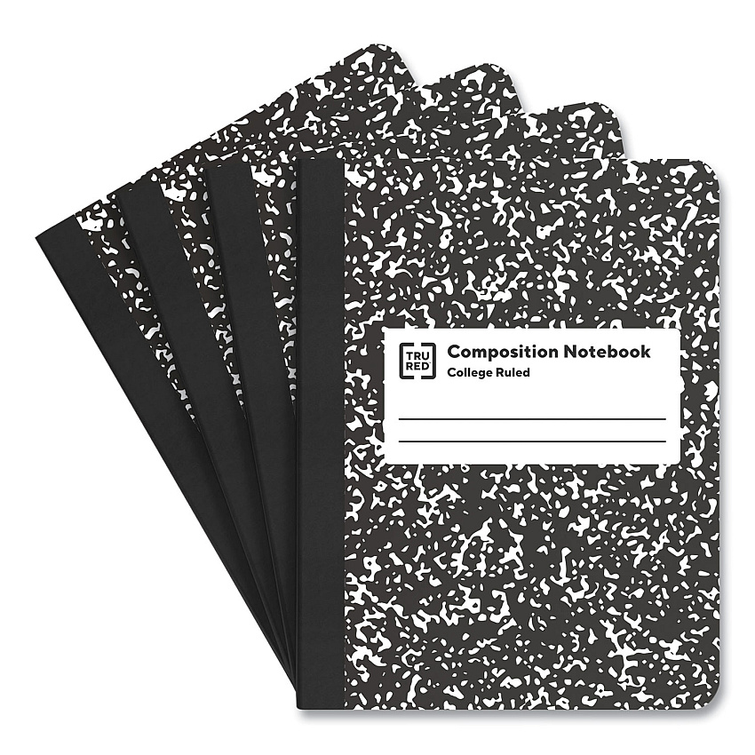 TRU RED Composition Notebook, Medium/College Rule, Black Marble Cover, (100) 9.75 x 7.5 Sheets, 4/Pack (24422978)