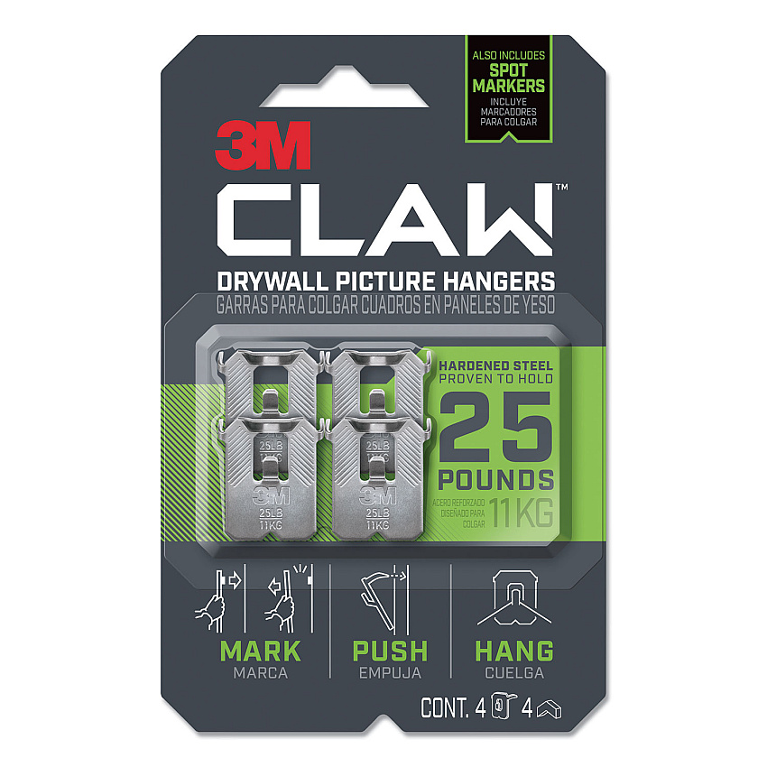 3M Claw Drywall Picture Hanger, Holds 25 lbs, 4 Hooks and 4 Spot Markers, Stainless Steel (3PH25M4ES)