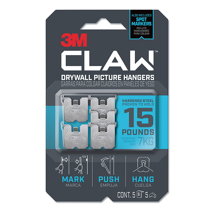 3M Claw Drywall Picture Hanger, Holds 15 lbs, 5 Hooks and 5 Spot Markers, Stainless Steel (3PH15M5ES)