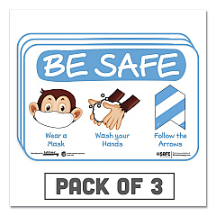 Tabbies BeSafe Messaging Education Wall Signs, 9 x 6,  "Be Safe, Wear a Mask, Wash Your Hands, Follow the Arrows", Monkey, 3/Pack (29506)