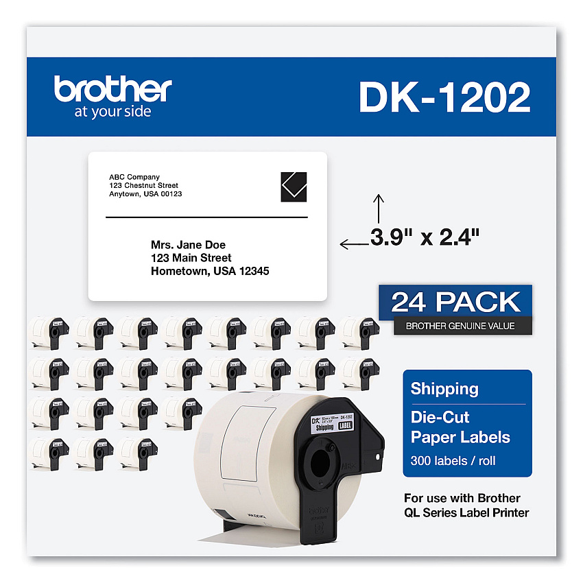 Brother Die-Cut Shipping Labels, 2.4 x 3.9, White, 300/Roll, 24 Rolls/Pack (DK120224PK)
