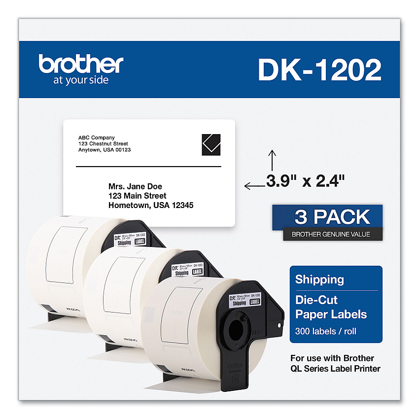 Brother Die-Cut Shipping Labels, 2.4 x 3.9, White, 300/Roll, 3 Rolls/Pack (DK12023PK)