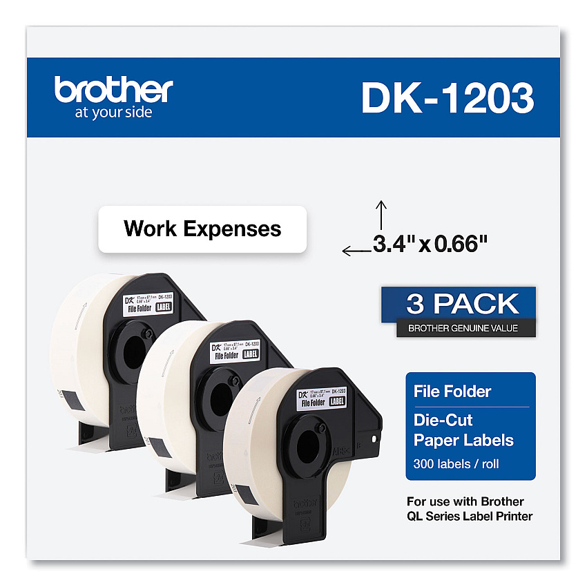Brother Die-Cut File Folder Labels, 0.66 x 3.4, White, 300/Roll, 3 Rolls/Pack (DK12033PK)