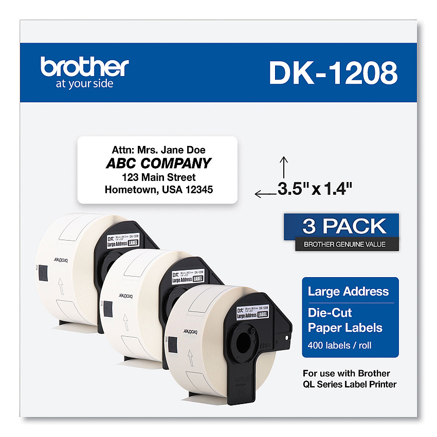 Brother Die-Cut Address Labels, 1.4 x 3.5, White, 400/Roll, 3 Rolls/Pack (DK12083PK)
