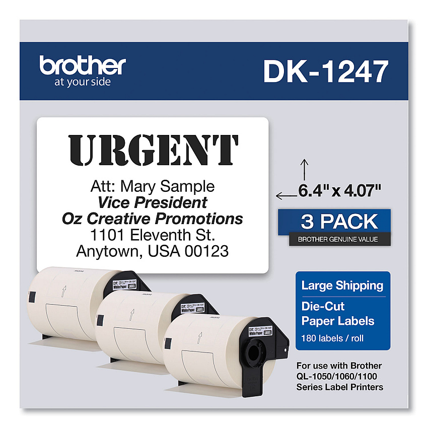 Brother Die-Cut Shipping Labels, 4.07 x 6.4, White, 180/Roll, 3 Rolls/Pack (DK12473PK)
