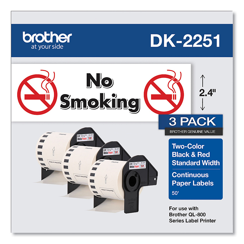 Brother Continuous Paper Label Tape, 2.44" x 100ft, White, 3 Rolls/Pack (DK22513PK)