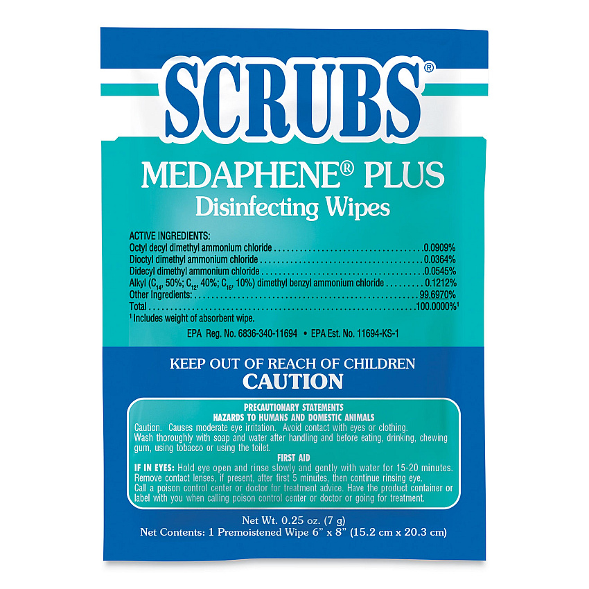 SCRUBS Medaphene Disinfectant Wet Wipes, 6 x 8, Citrus, White, Individually Wrapped Foil Packets, 100/Carton (96301)