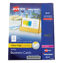 AbilityOne 7530016880800 SKILCRAFT/AVERY Clean Edge Business Cards, Laser, 3.5 x 2, White, 1,000 Cards, 10 Cards/Sheet, 100 Sheets/Box