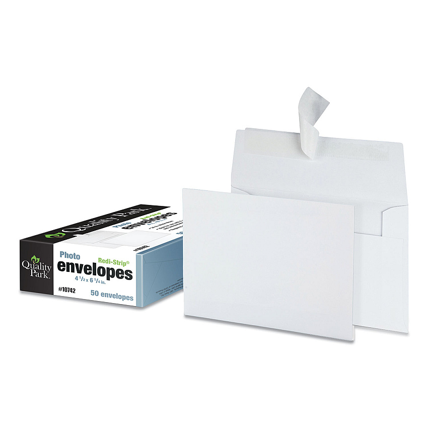 Quality Park Greeting Card/Invitation Envelope, A-4, Square Flap, Redi-Strip Closure, 4.5 x 6.25, White, 50/Box (10742)