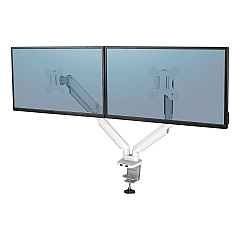 Fellowes Platinum Series Dual Monitor Arm, For 27" Monitors, 360 deg Rotation, 45 deg Tilt, 180 deg Pan, White, Supports 20 lb (8056301)