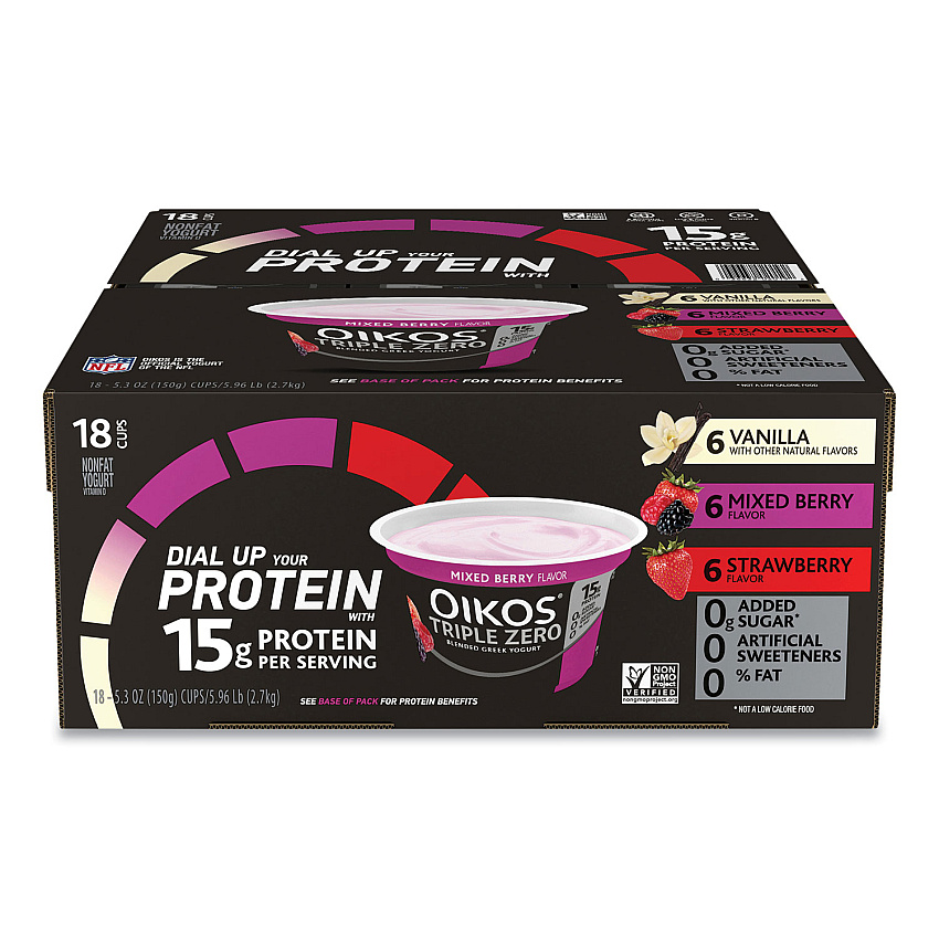 OIKOS Triple Zero Blended Greek Nonfat Yogurt, 5.3 oz, Strawberry/Mixed Berry/Vanilla, 18/Box (90200027)