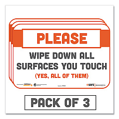 Tabbies BeSafe Messaging Repositionable Wall/Door Signs, 9 x 6, Please Wipe Down All Surfaces You Touch, White, 3/Pack (29063)