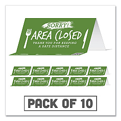 Tabbies BeSafe Messaging Table Top Tent Card, 8 x 3.87, Sorry! Area Closed Thank You For Keeping A Safe Distance, Green, 10/Pack (79062)