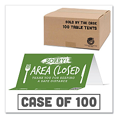 Tabbies BeSafe Messaging Table Top Tent Card, 8 x 3.87, Sorry! Area Closed Thank You For Keeping A Safe Distance, Green, 100/Carton (79162)
