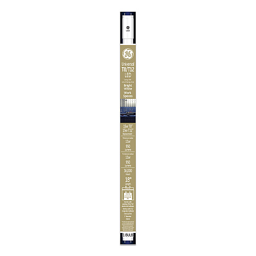 GE 18" T8/T12, 15 W, T8 Tube, 11 W, Bright White, 6/Carton (37176)