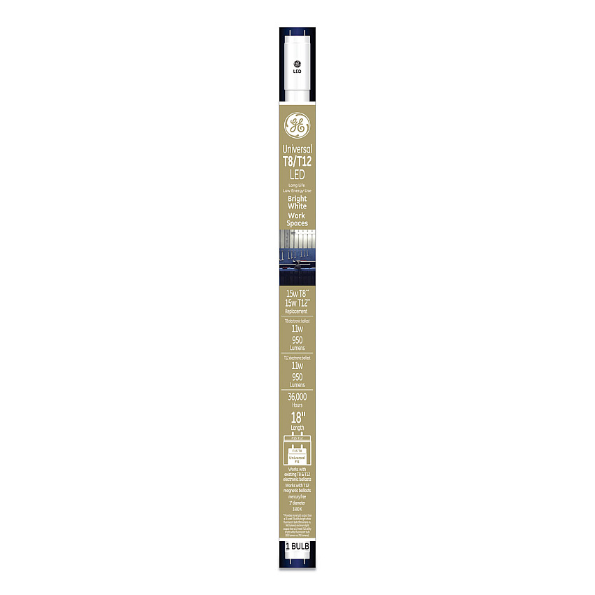 GE 18" T8/T12, 15 W, T8 Tube, 11 W, Bright White, 6/Carton (37176)