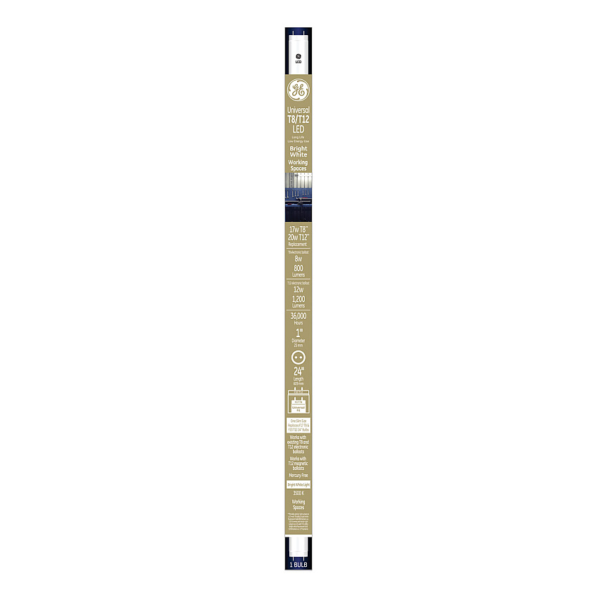GE 24" T8/T12, 20 W, T8 Tube, 8 W, Bright White, 6/Carton (37137)