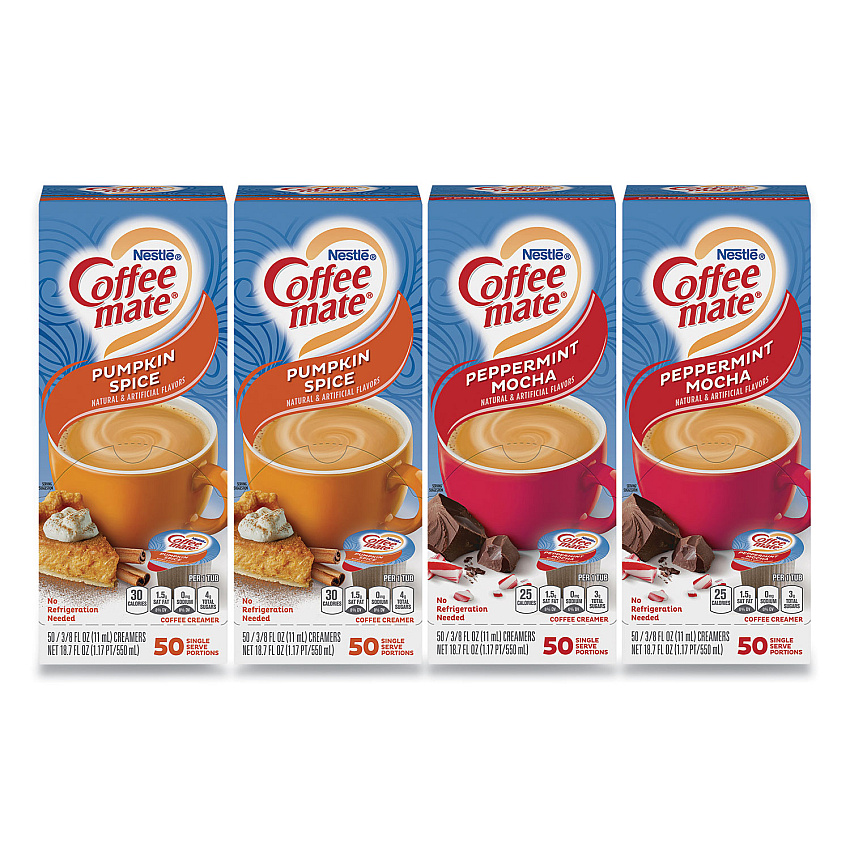 Coffee-mate Liquid Coffee Creamer, Peppermint Mocha/Pumpkin Spice, 0.38 oz Mini Cups, 50/Pack, 4 Packs/Carton (70000095)