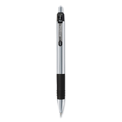 Zebra Z-Grip Metal Ballpoint Pen, Retractable, Medium 1 mm, Black Ink, Silver Barrel, 12/Pack (27010)