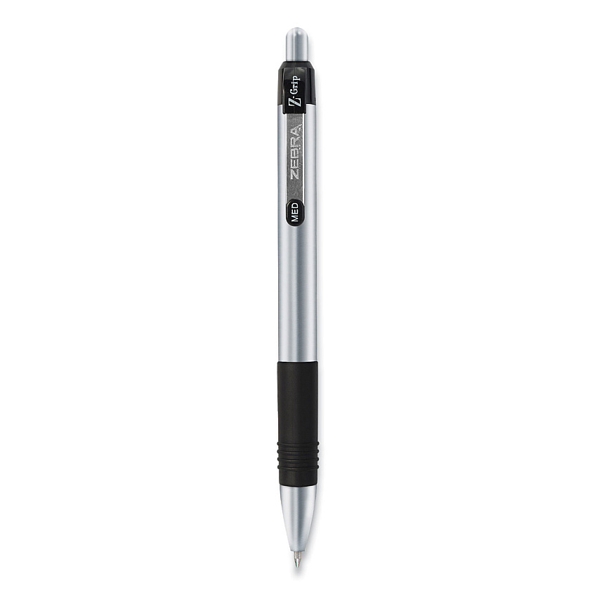 Zebra Z-Grip Metal Ballpoint Pen, Retractable, Medium 1 mm, Black Ink, Silver Barrel, 12/Pack (27010)