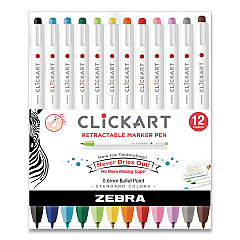 Zebra ClickArt Porous Point Pen, Retractable, Fine 0.6 mm, Assorted Ink Colors, White/Assorted Barrel, 12/Pack (69012)