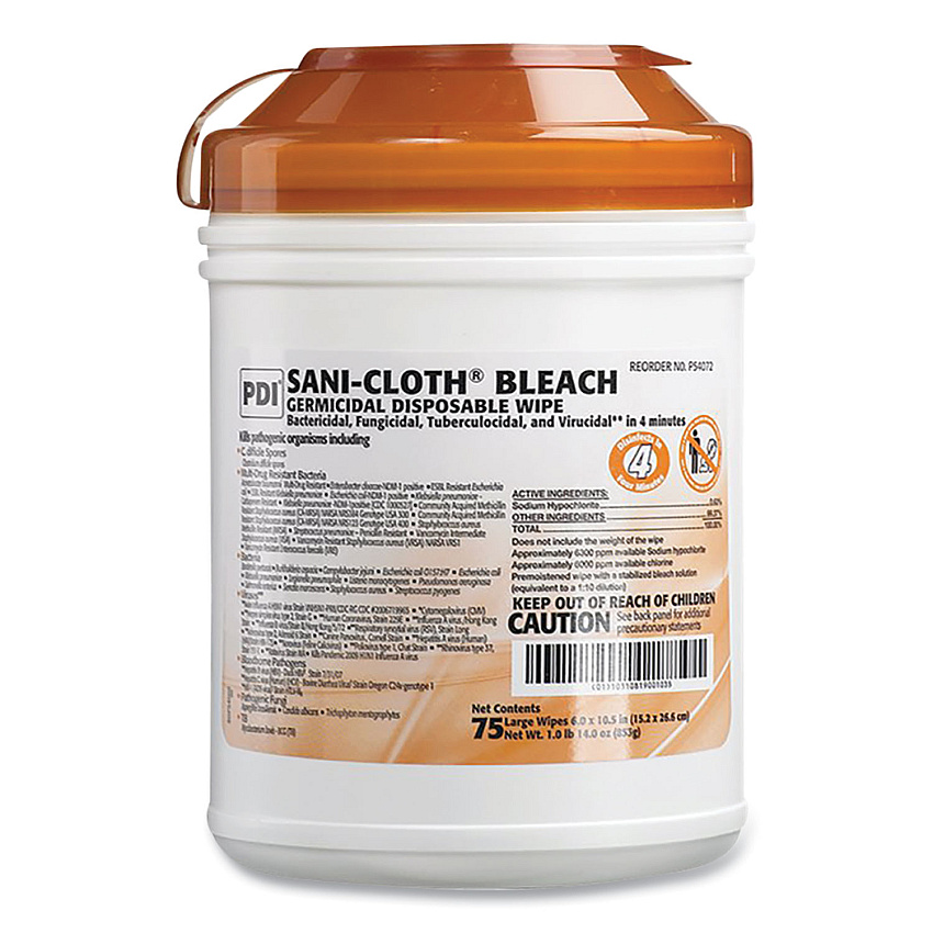 Sani Professional Sani-Cloth Bleach Germicidal Disposable Wipes, Deep-Well Lid Canister, 10.5 x 6, 75/Canister (P54072PK)