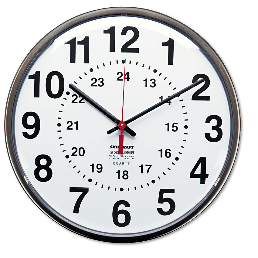 AbilityOne 6645013428199 SKILCRAFT 12/24 Hour Slimline Quartz Wall Clock, 12.75" Overall Diameter, Brown Case, 1 AA (sold separately)